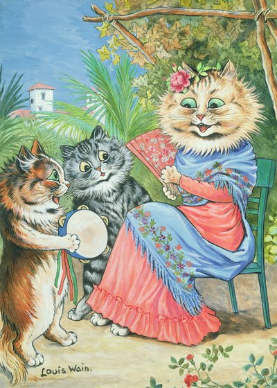 Moederkat met waaier en twee kittens door Louis Wain
